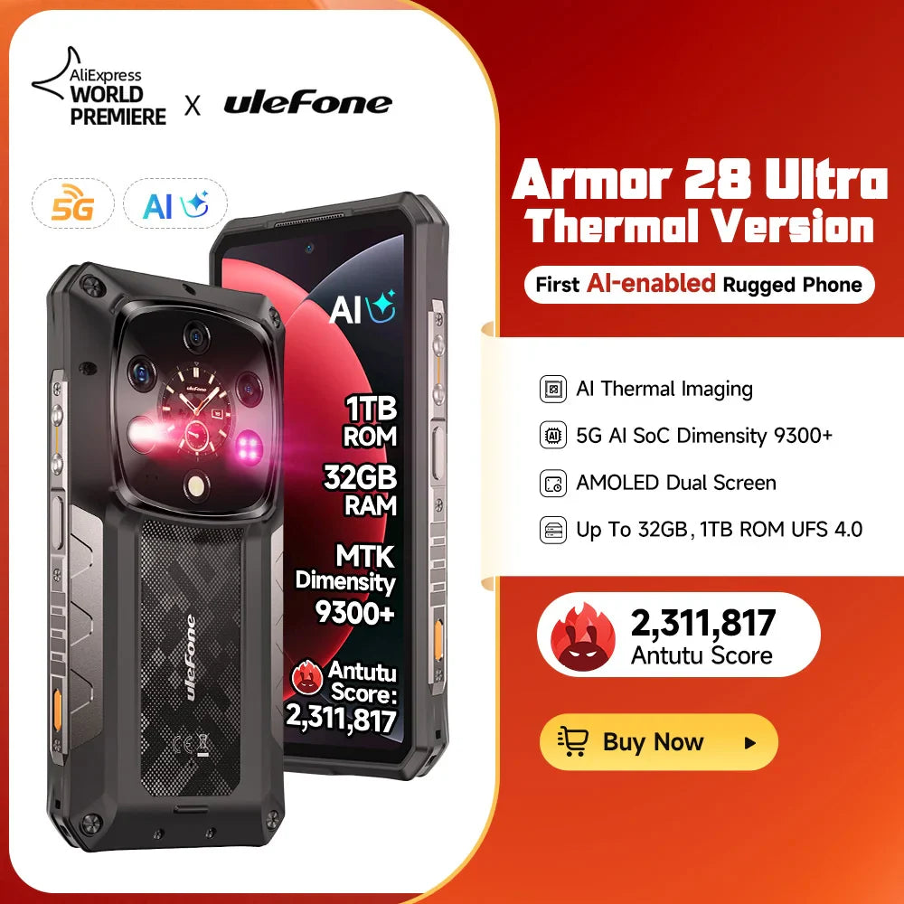Ulefone AI Armor 28 Ultra 5G Thermal Imaging Rugged Phone MTK Dimensity 9300+ AMOLED Android Smartphone 1TB ROM