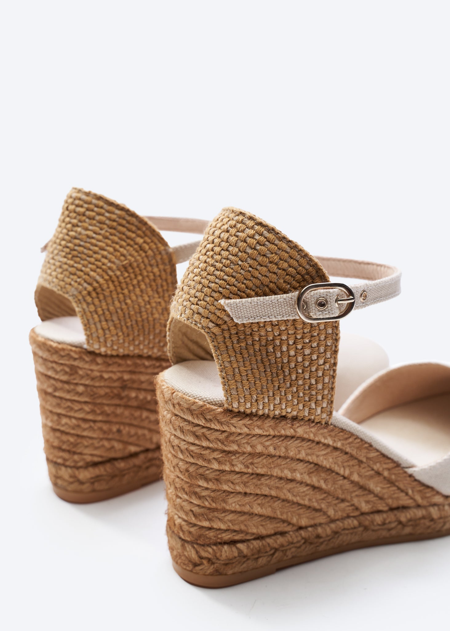 Satuna Beige Canvas Ankle Strap Women Espadrille High Wedges Flexible Back Detail