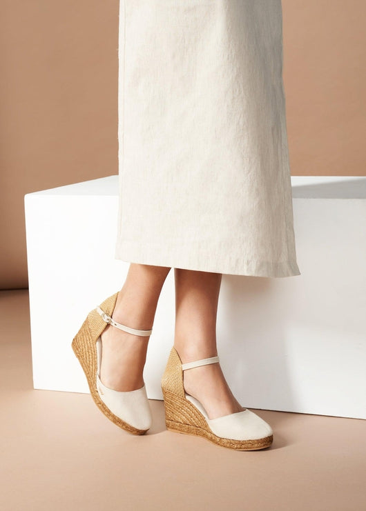 Satuna Beige Canvas Ankle Strap Women Espadrille High Wedge Legs
