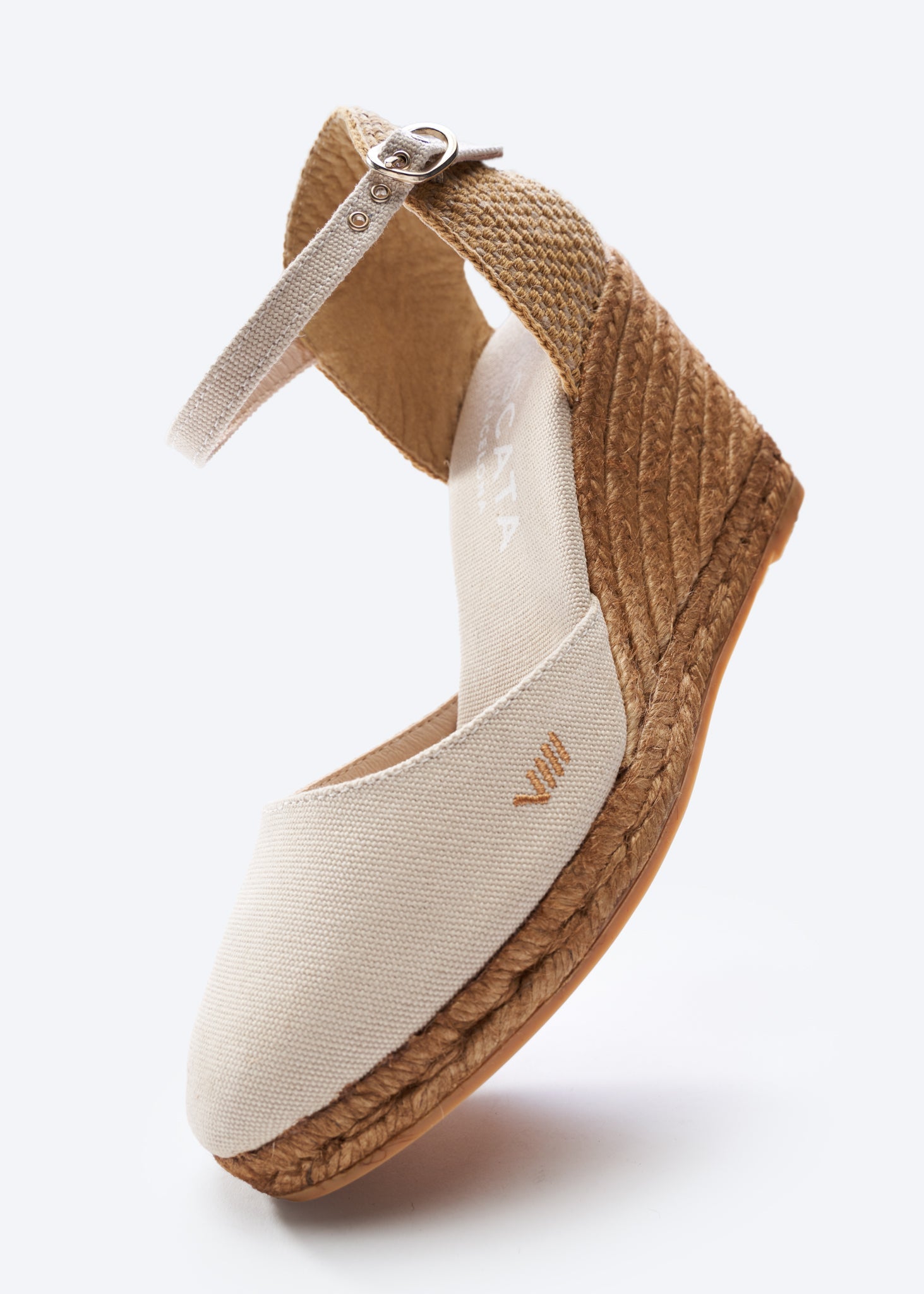 Satuna Beige Canvas Ankle Strap Women Espadrille High Heel Wedge
