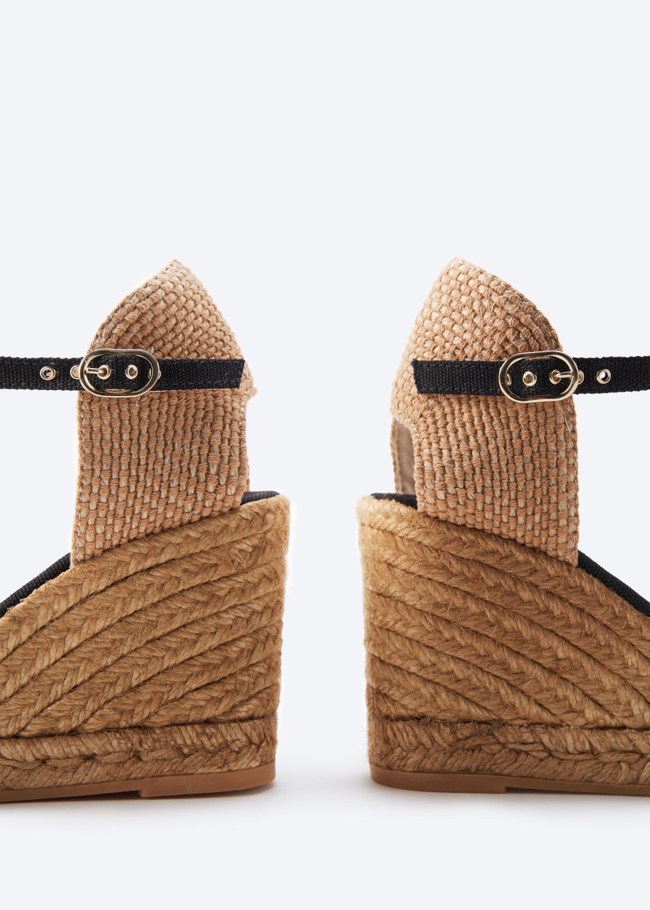 Satuna Black Canvas Ankle Strap Women Espadrille High Wedges Flexible Back Detail