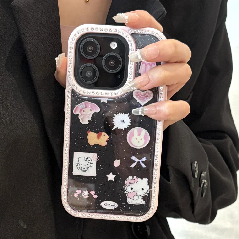 Glitter Bling Diamond Frame Cute Cartoon Pattern Hello Kitty Phone Case