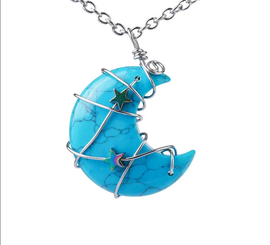 Crystal Crescent Moon and Star Silver Necklace
