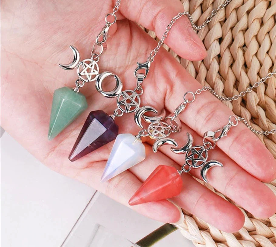 Triple Moon Pentacle Crystal Pendulums