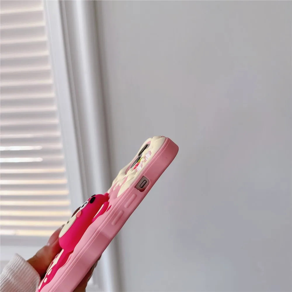 Lotso Strawberry Bear Cheese Face Holder Grip Tok Cartoon Silicon Soft Cover Phone Case