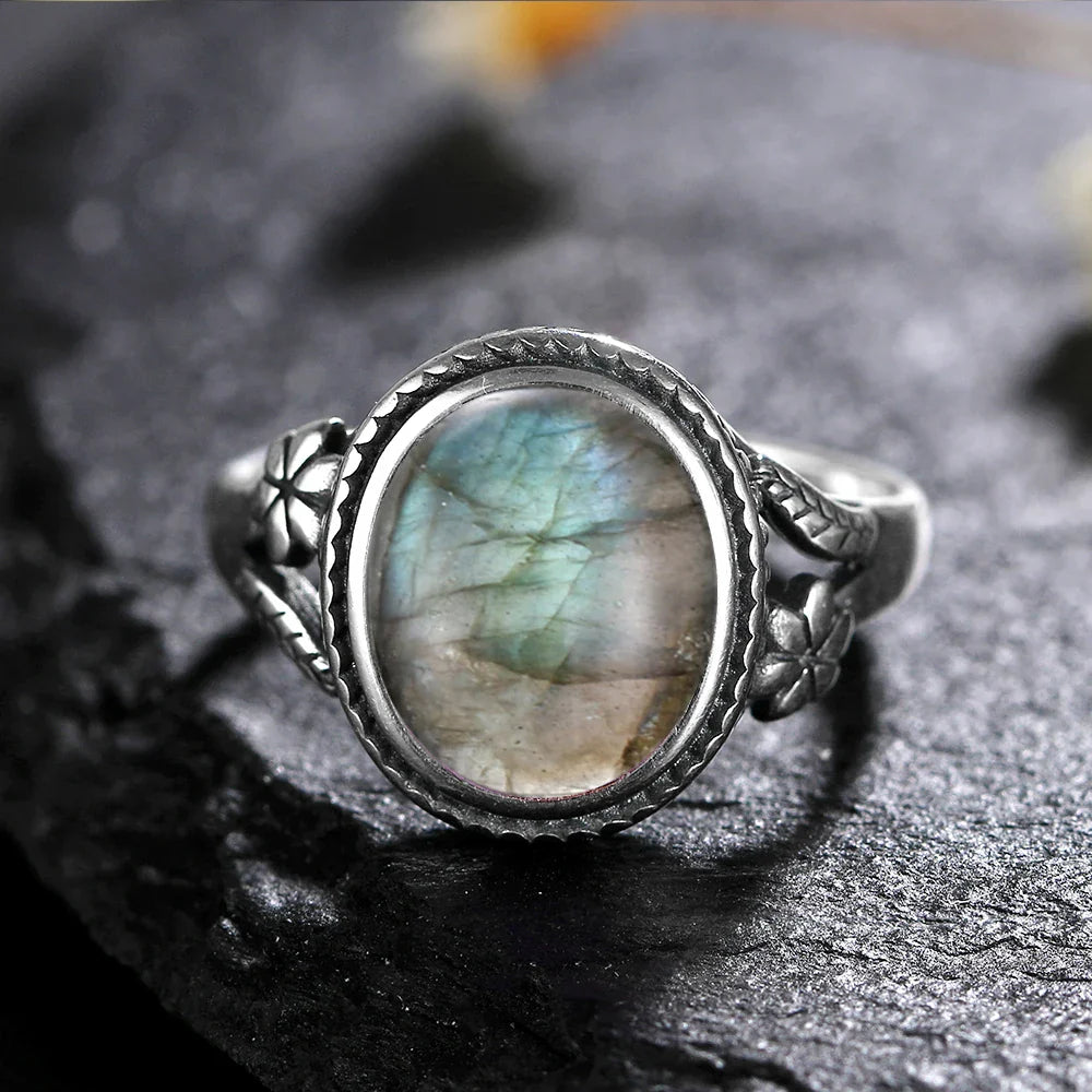 Sterling Silver Stone Oval Flower Ring