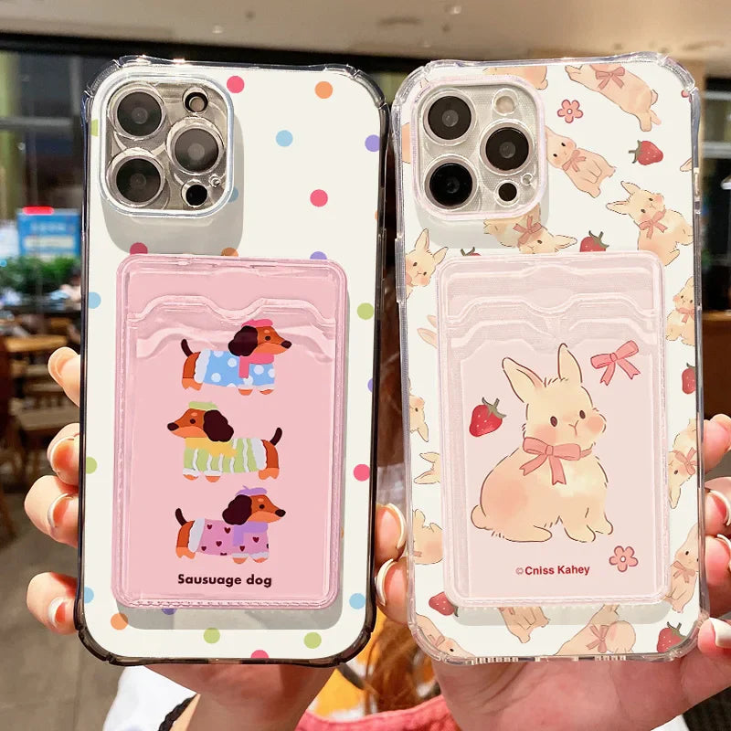 Lovely Cartoon Dog Rabbit Card Slot Phone Case For iPhone
