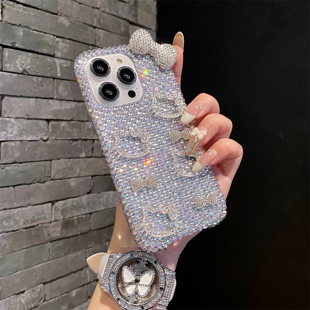 Full Diamond Glitter Hello Kitty Face Pink Bow Phone Case
