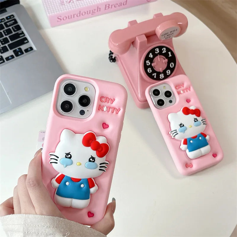 Kawaii 3D Cartoon Cry Hello Kitty Telescopic Bracket Soft Silicone Phone Case For iPhone