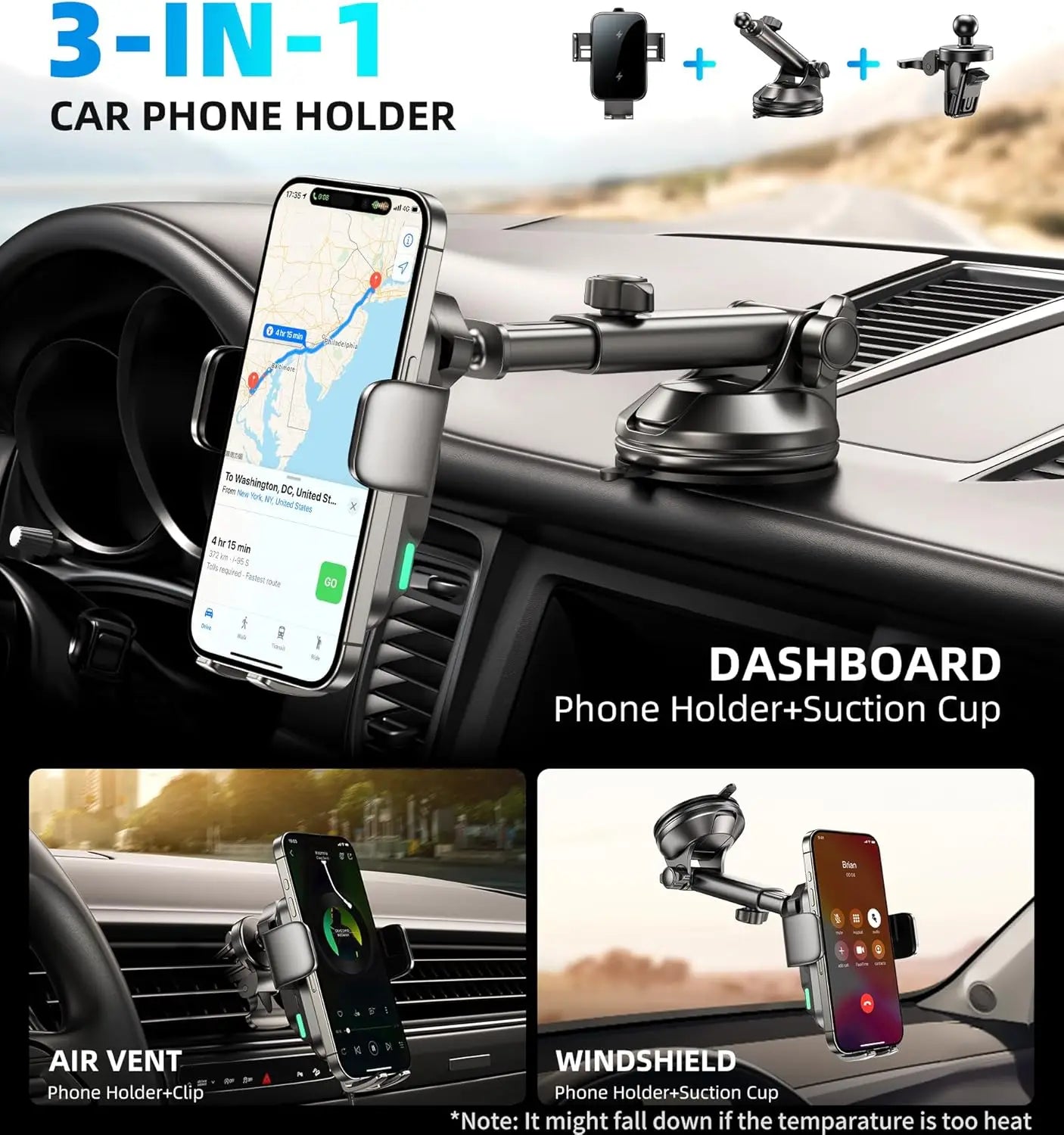 15W Car Phone Holder Wireless Car Charger Dual Coil Dash Vent Windshield Auto Clamping Charging Phone Holder