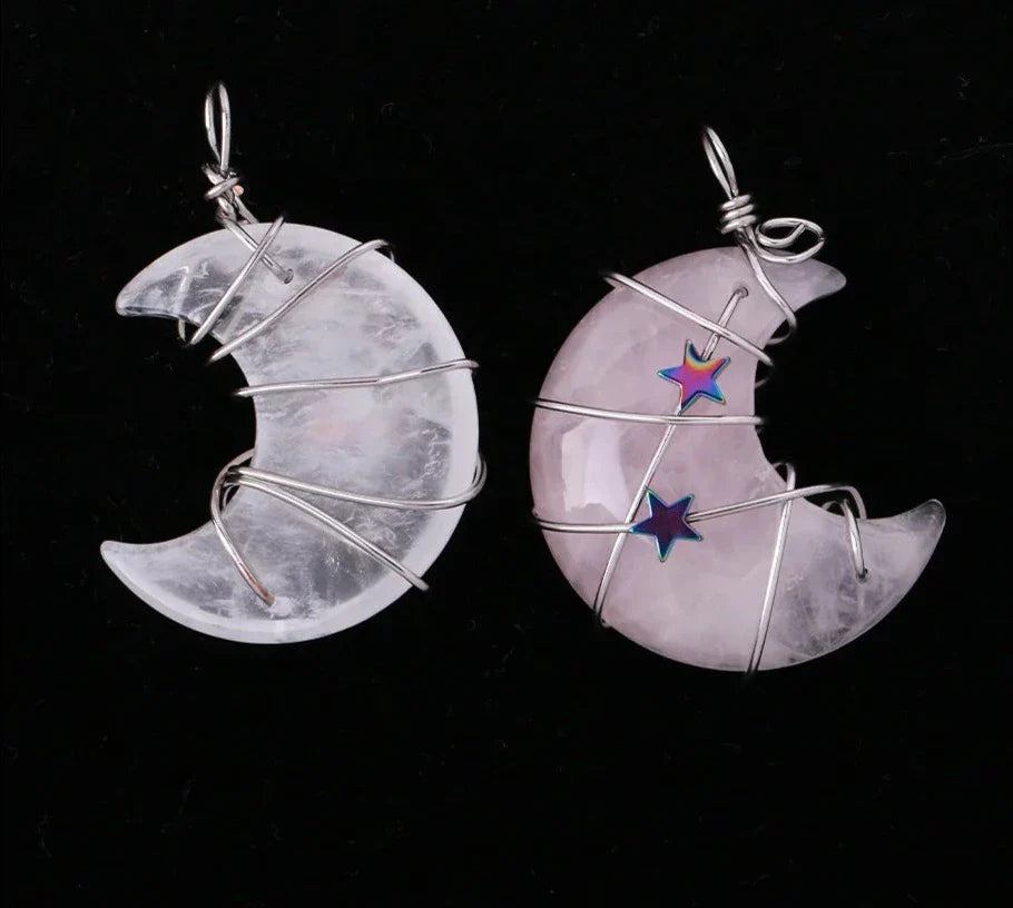 Crystal Crescent Moon and Star Silver Necklace