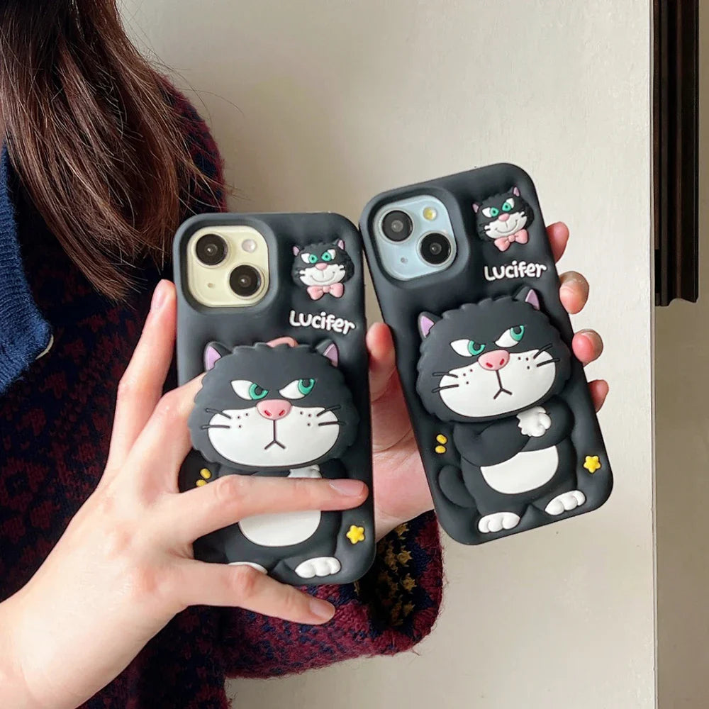 Cute 3D Cartoon Lucifer Cat With Stand Holder Phone Case