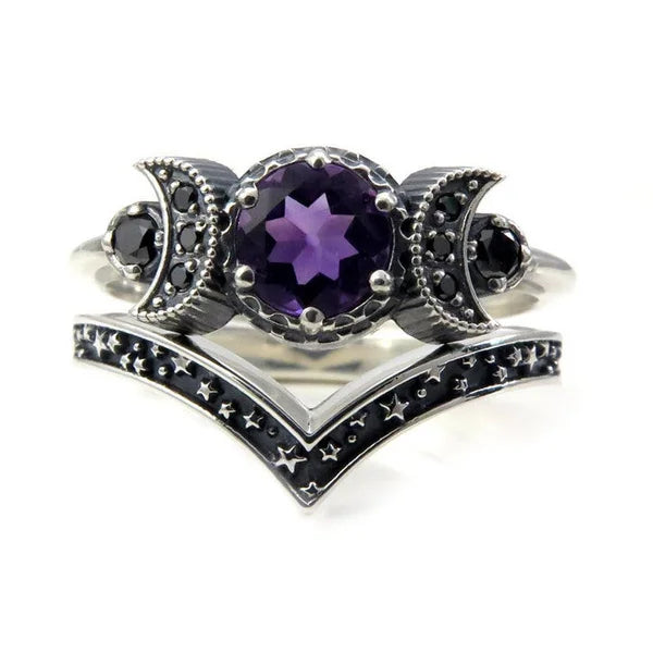 Black Zirconia Stone Triple Moon Ring Set