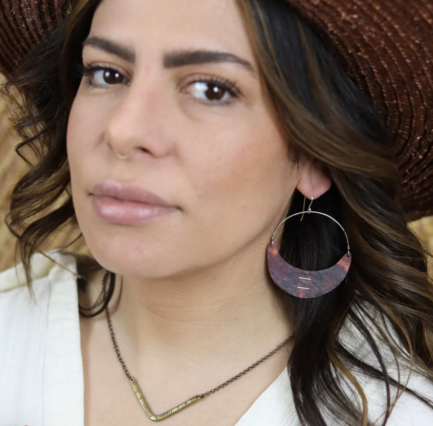 Stitched Copper Crescent Earrings