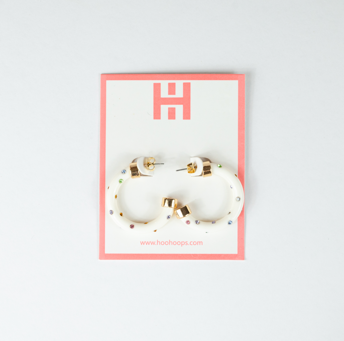 Mini Hoops - White w/ Rainbow Rhinestones