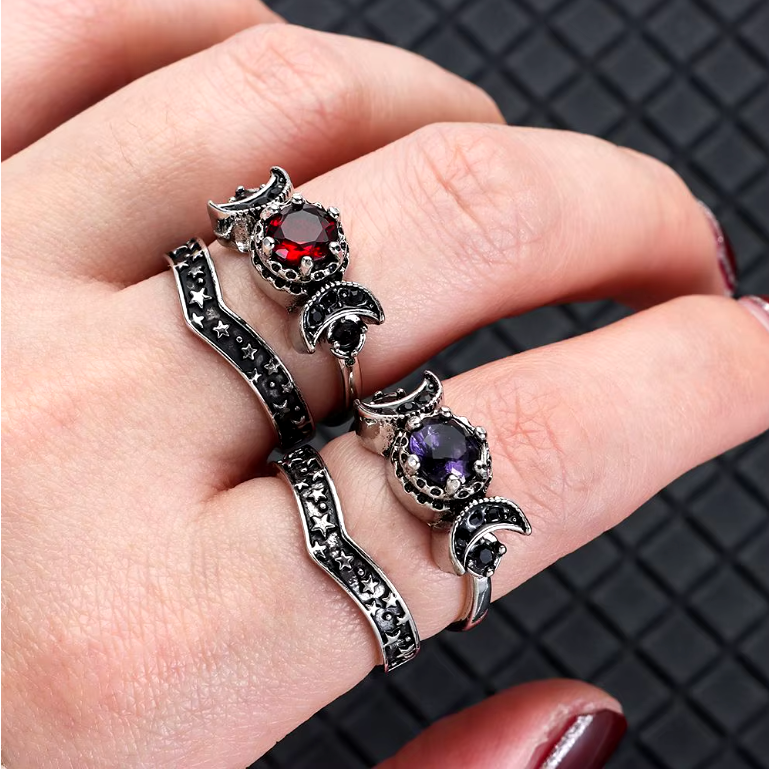Black Zirconia Stone Triple Moon Ring Set