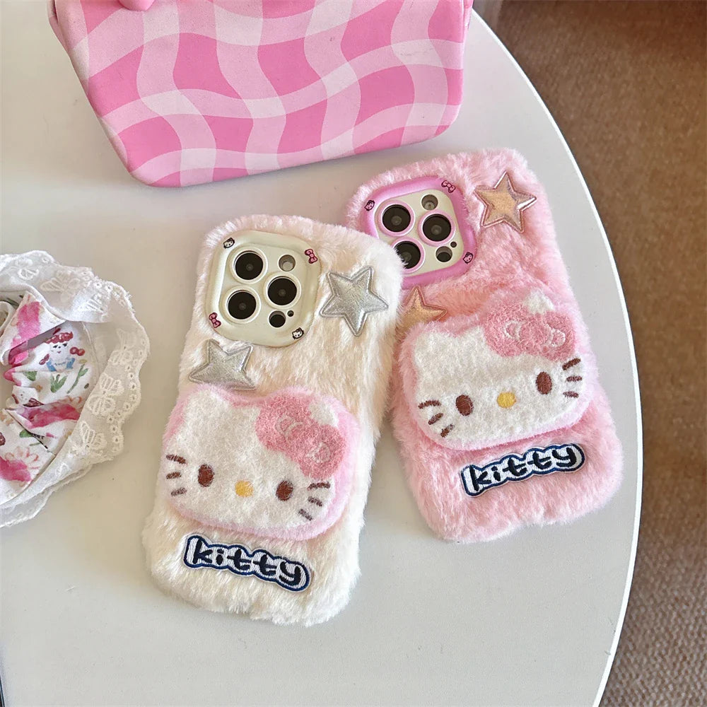 Cute Hello Kitty Fur Fluffy Camera Holder Stand Phone Case