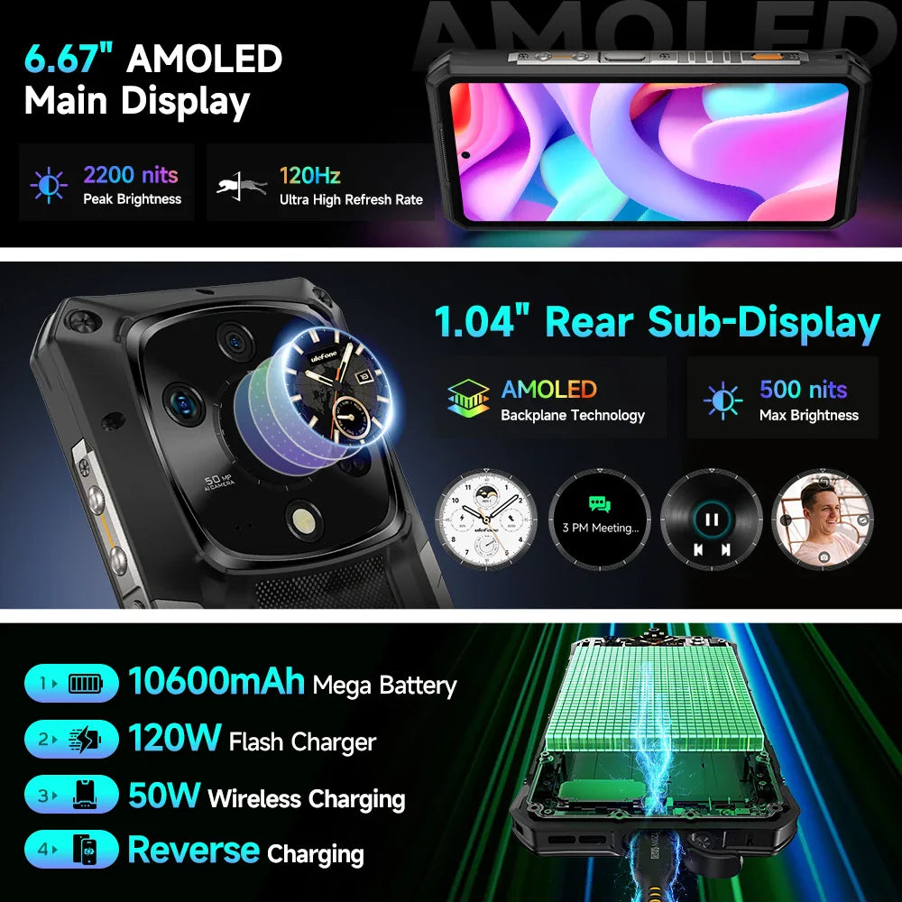 Ulefone Armor 28 Pro 5G AI Rugged Phone 512GB ROM Smartphone 120W MTK Dimensity 7300  10600mAh 6.67”AMOLED 64MP Mobile phone