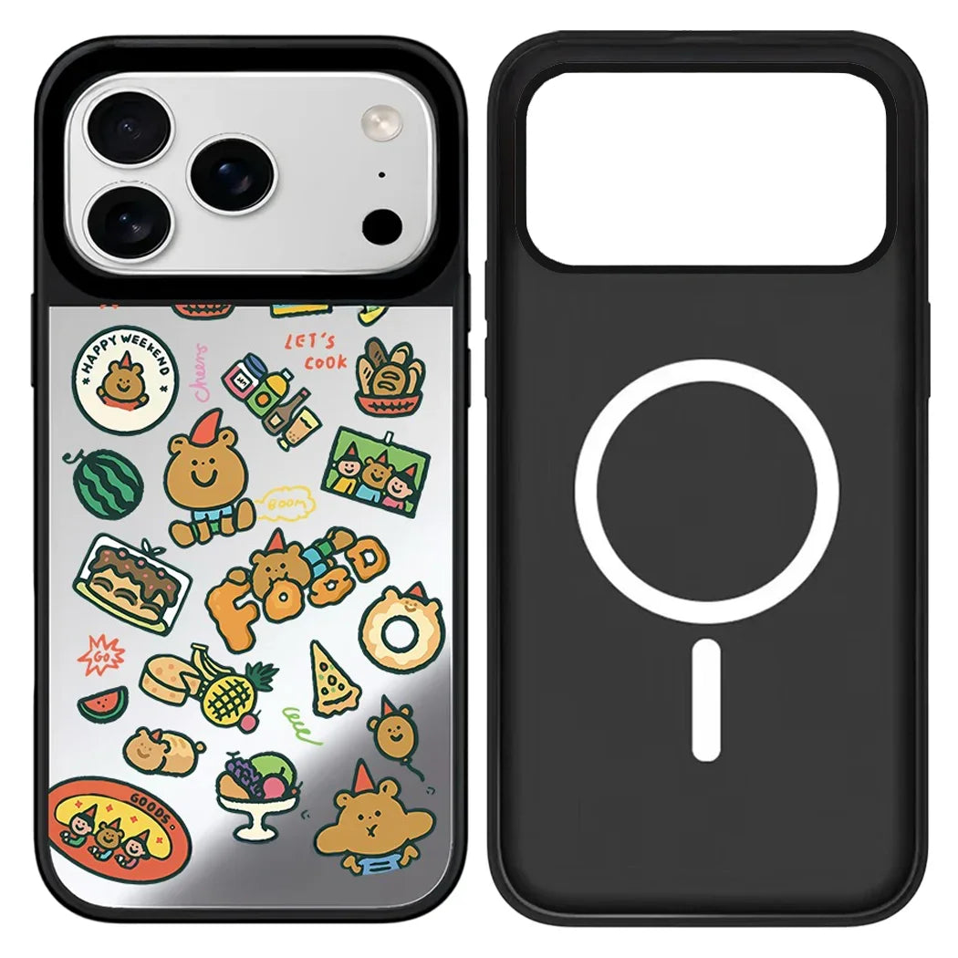 Cartoon Chef Bear Mirror Surface Black Border Magnetic Phone Case For iPhone