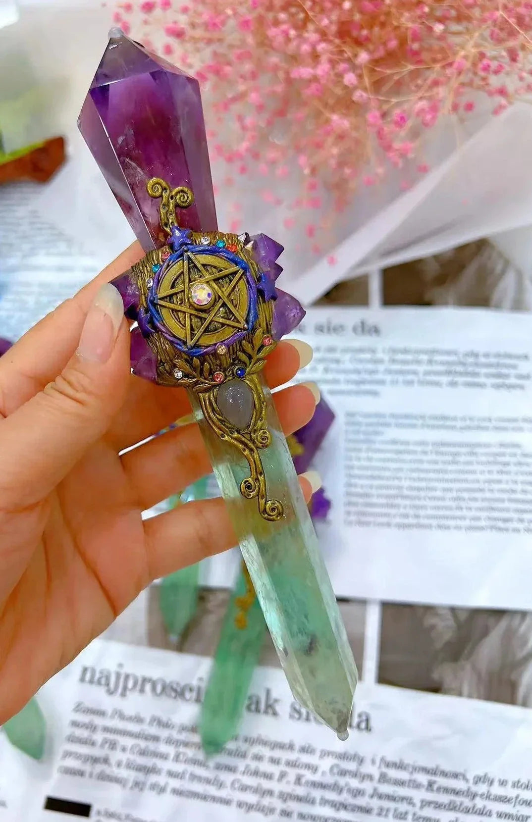 Green Fluorite and Amethyst Pentacle Witch Wand