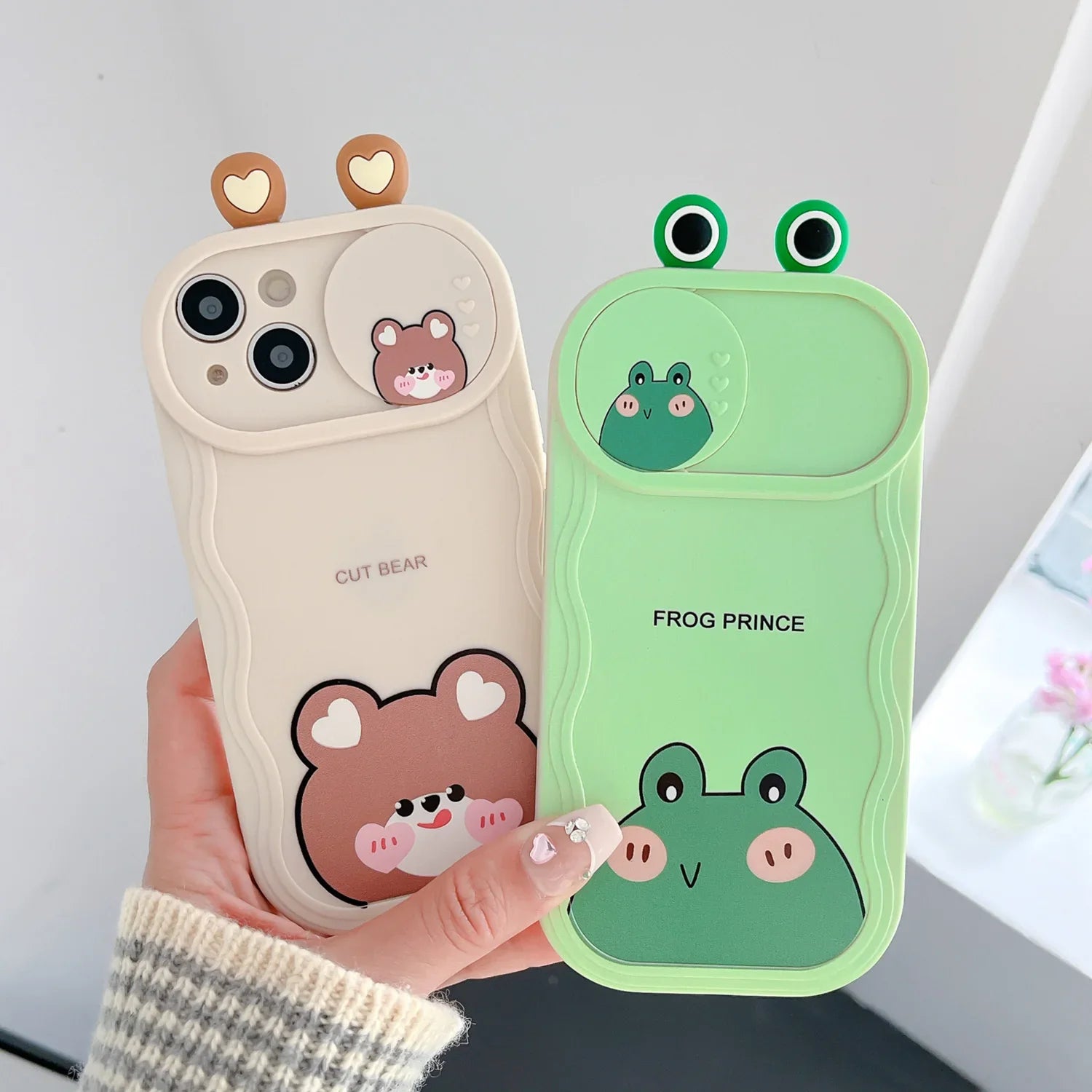 Cute Eyes Frog Cat Bear Cartoon Sliding Camera Wave Soft Phone Case