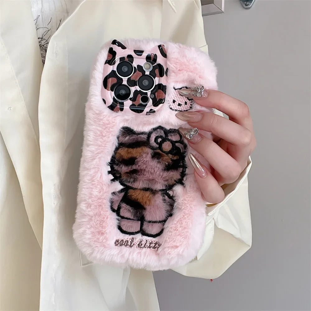 Cartoon Fluffy Hello Kitty Plush Cat Ears Phone Case