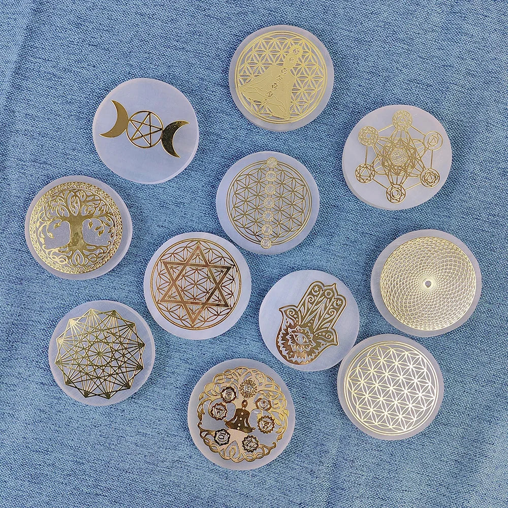 Selenite Spiritual Gold Symbol Plates