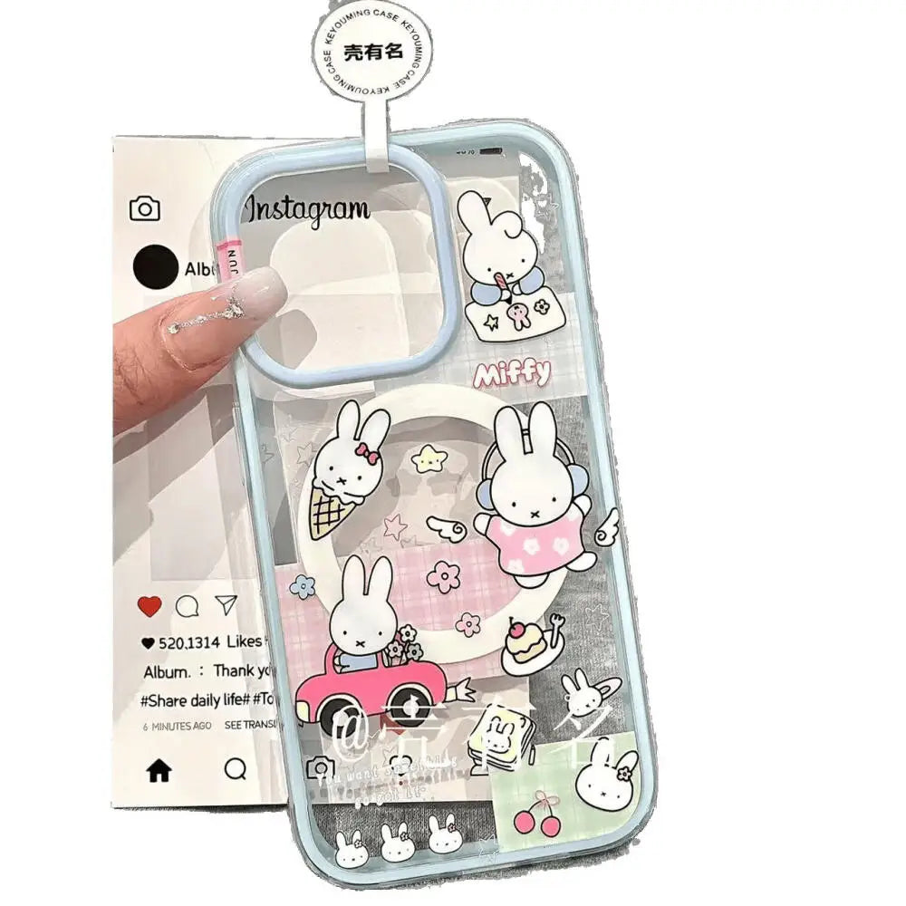 Cartoon Driving Miffy Phone Case Kawaii Listening Music Miffy Rabbit Magnetic Bracket Phone Case Suitable For iPhone