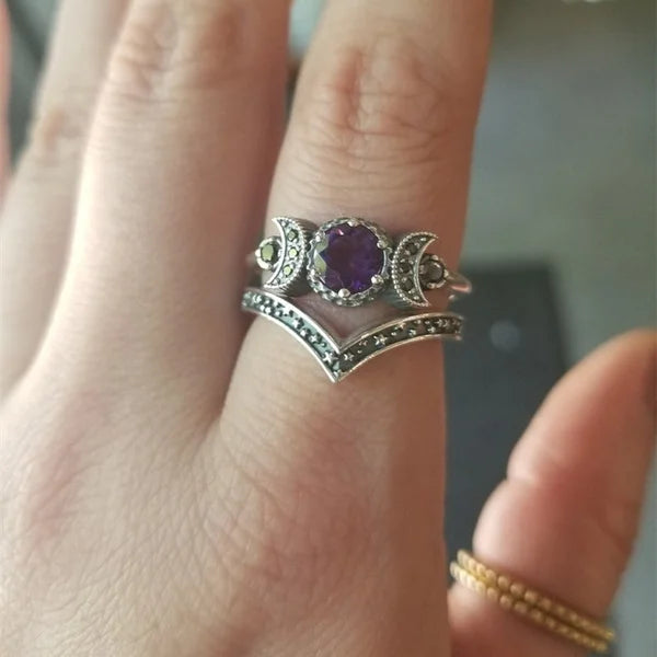 Black Zirconia Stone Triple Moon Ring Set