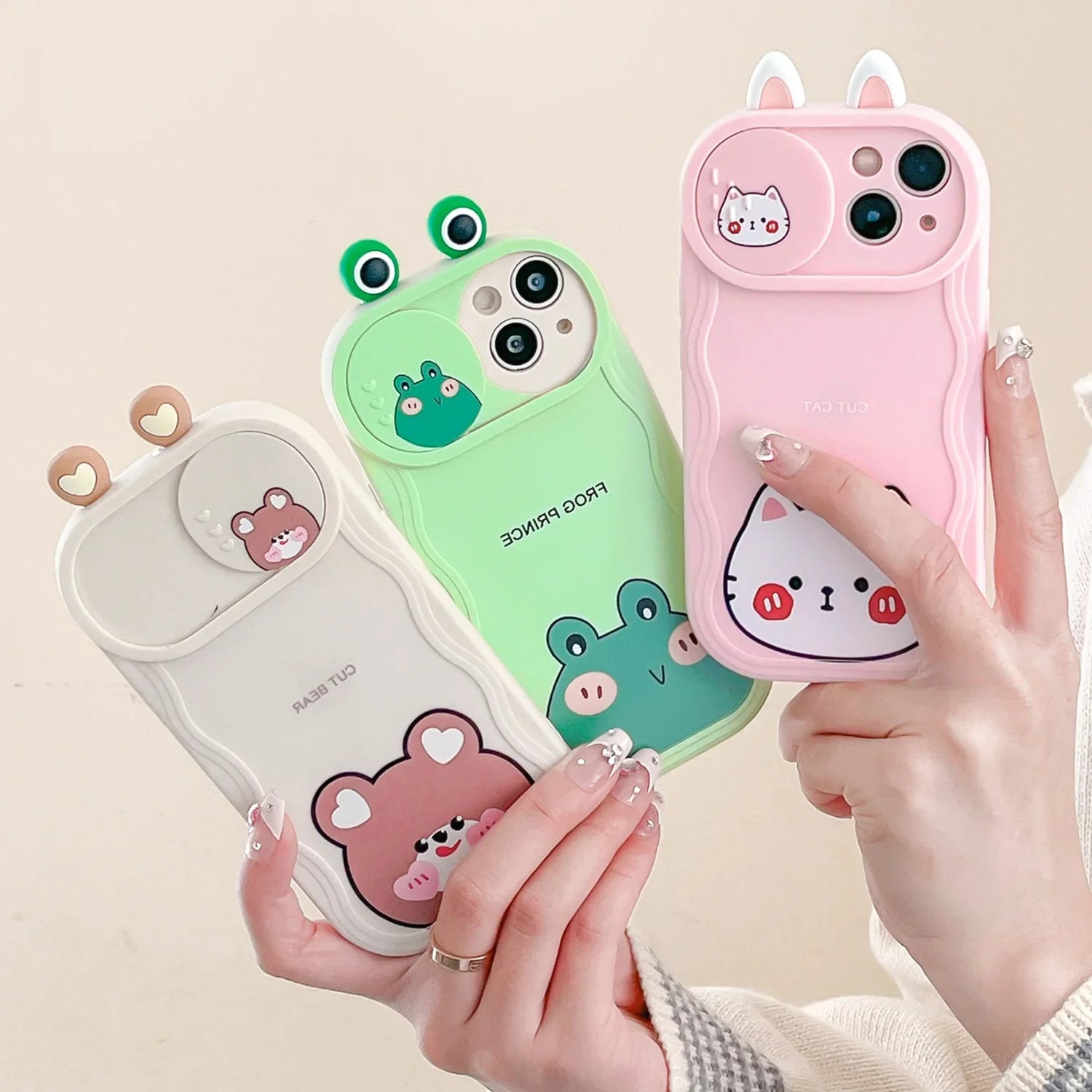 Cute Eyes Frog Cat Bear Cartoon Sliding Camera Wave Soft Phone Case