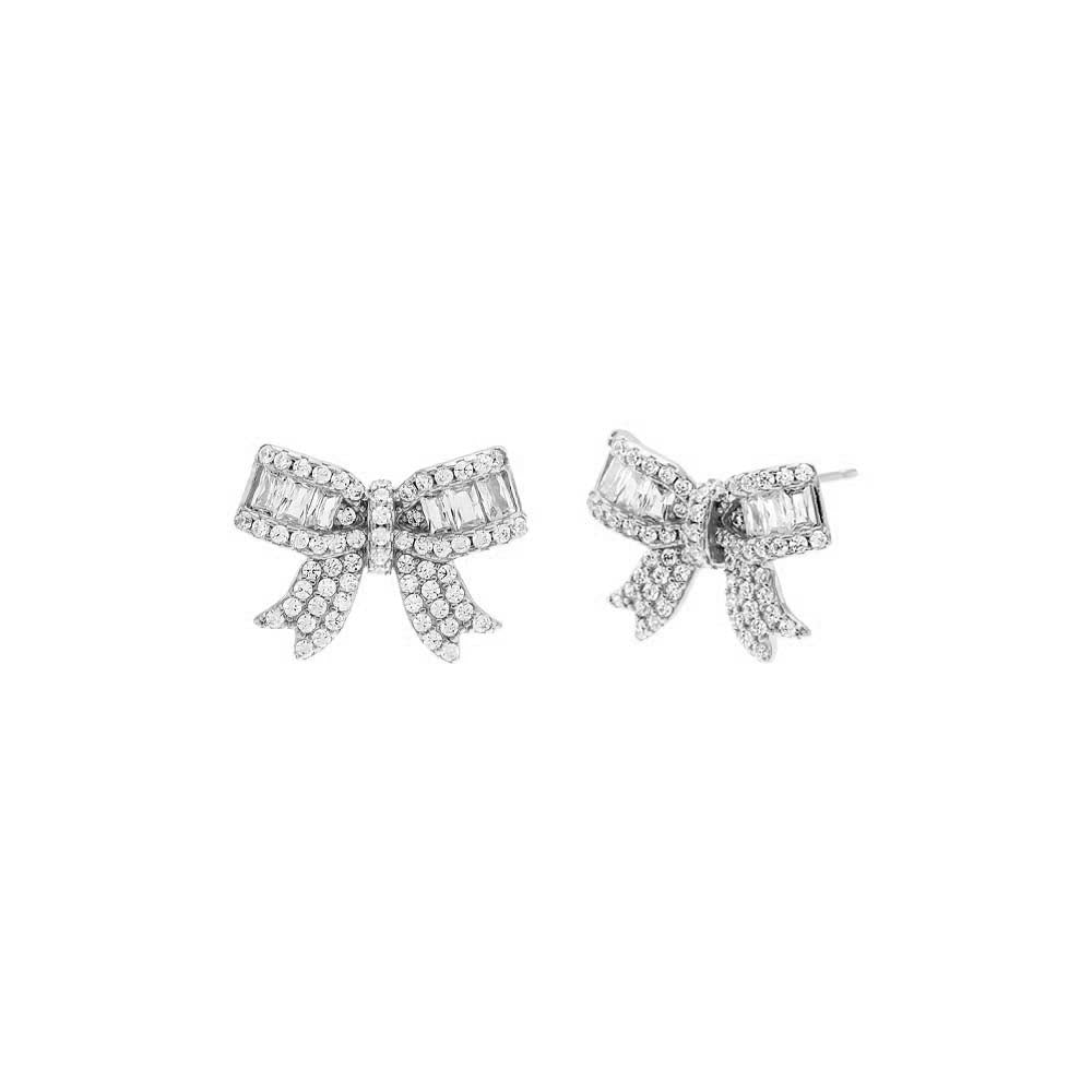 Silver Pave X Baguette Mini Bow Tie Stud Earring - Adina's Jewels