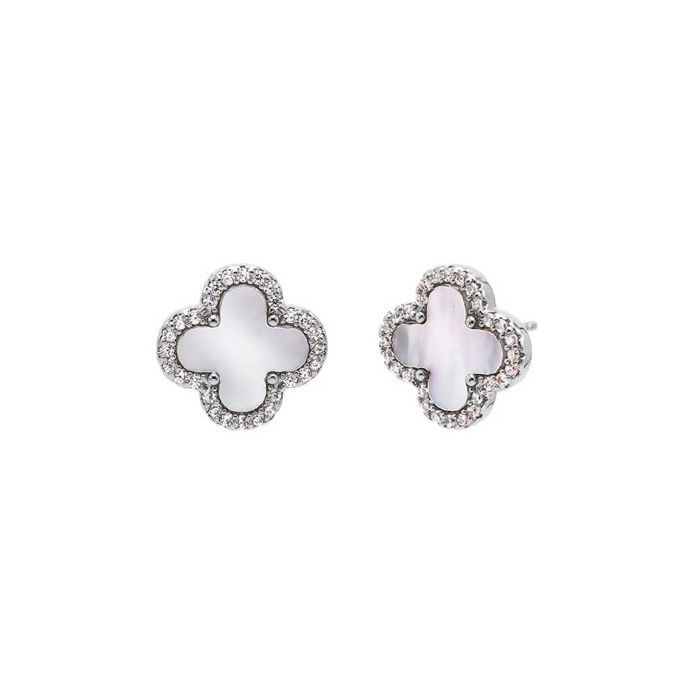 Silver Pave Outlined Four Leaf Clover Stud Earring - Adina's Jewels