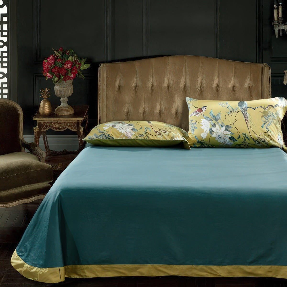 Solarosa Yellow Flower Bird Silky Egyptian Cotton Bedding Set | 3CARATS