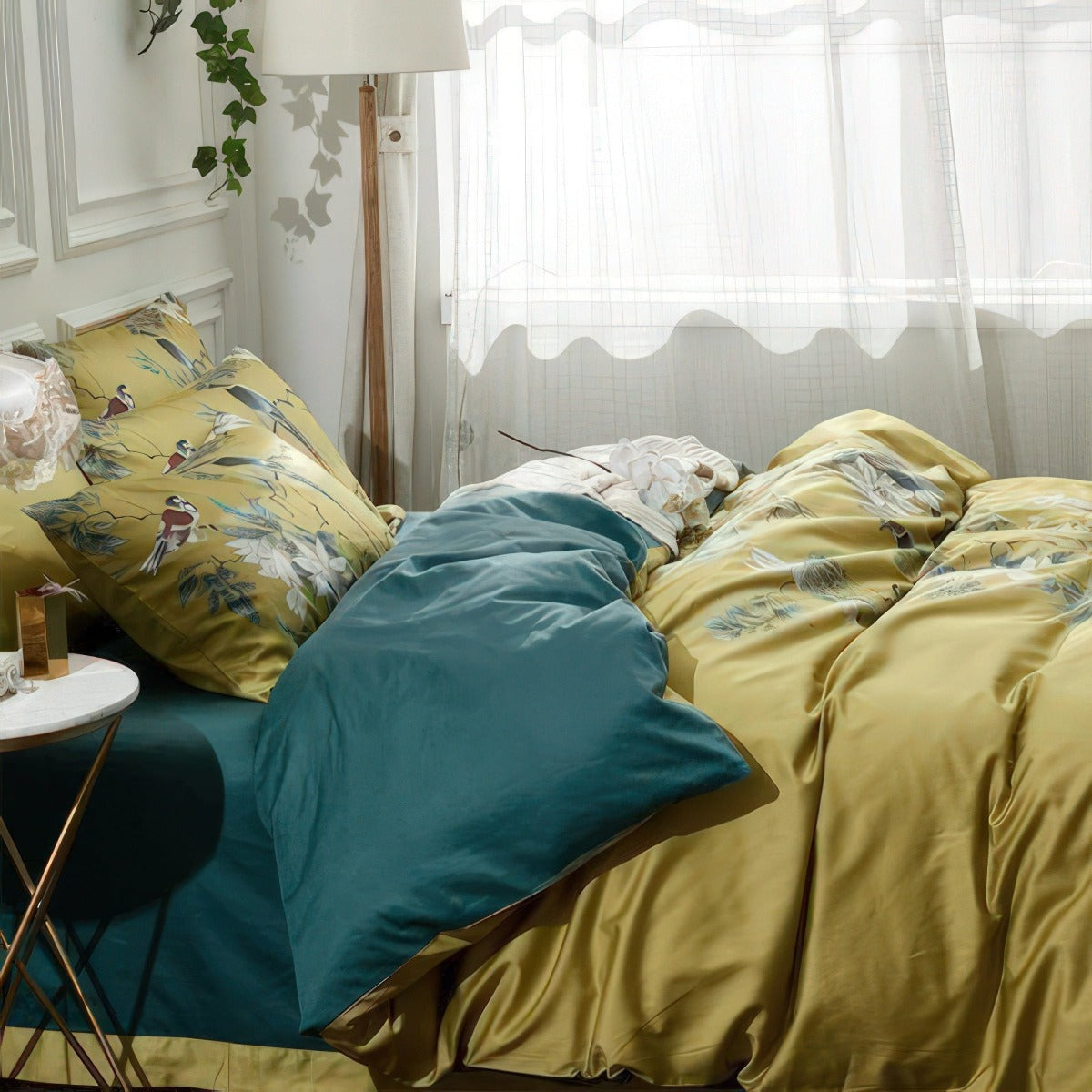 Solarosa Yellow Flower Bird Silky Egyptian Cotton Bedding Set | 3CARATS