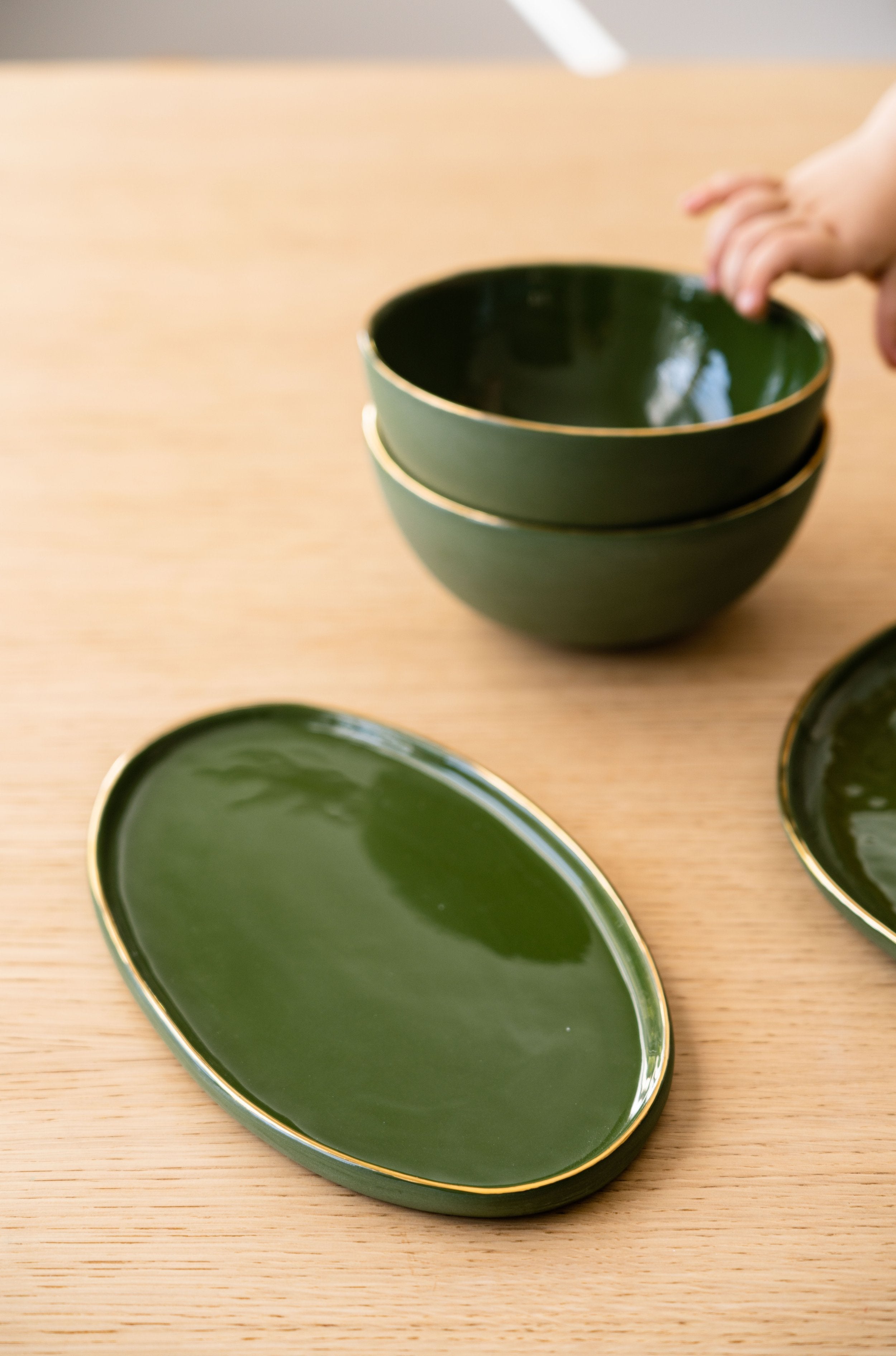 Porcelain Oval Serving Platter with Gold Rim. Green
