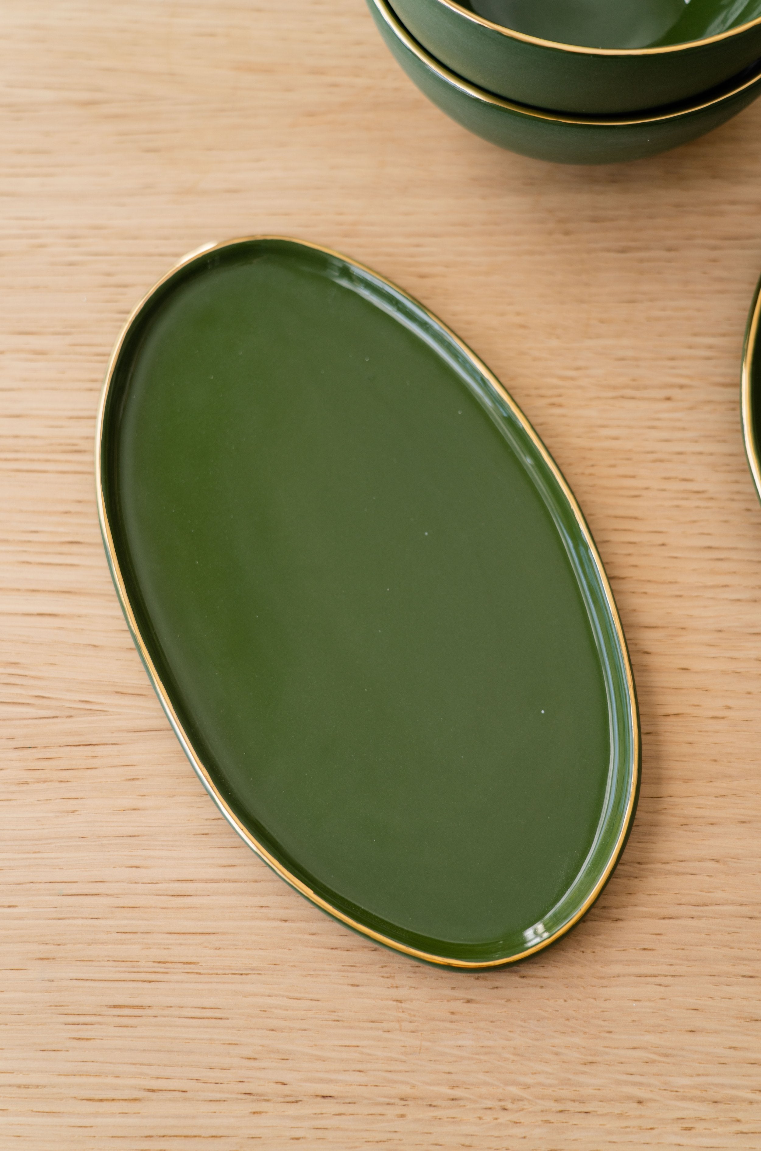 Porcelain Oval Serving Platter with Gold Rim. Green