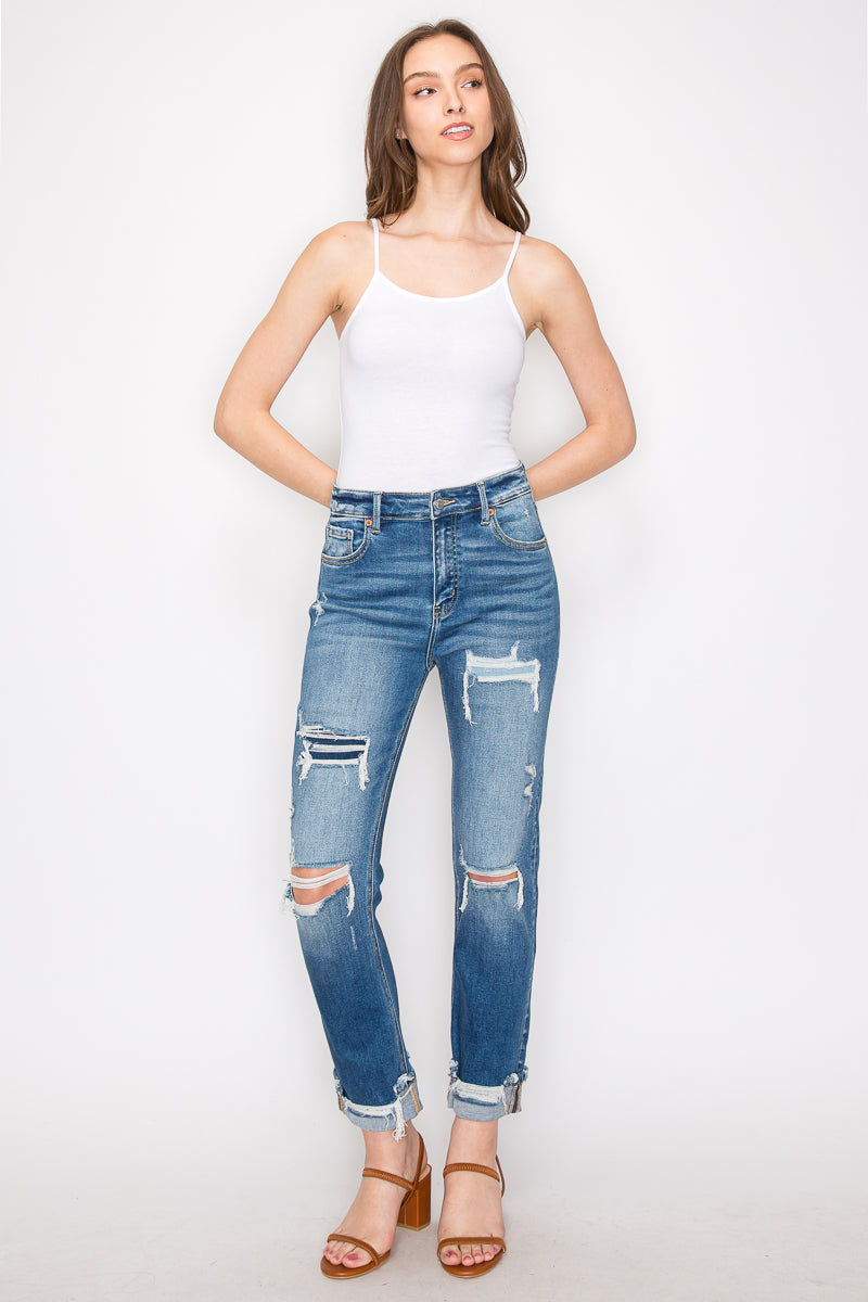 Mesh Tummy Control High Rise Straight With Single Cuff Jeans