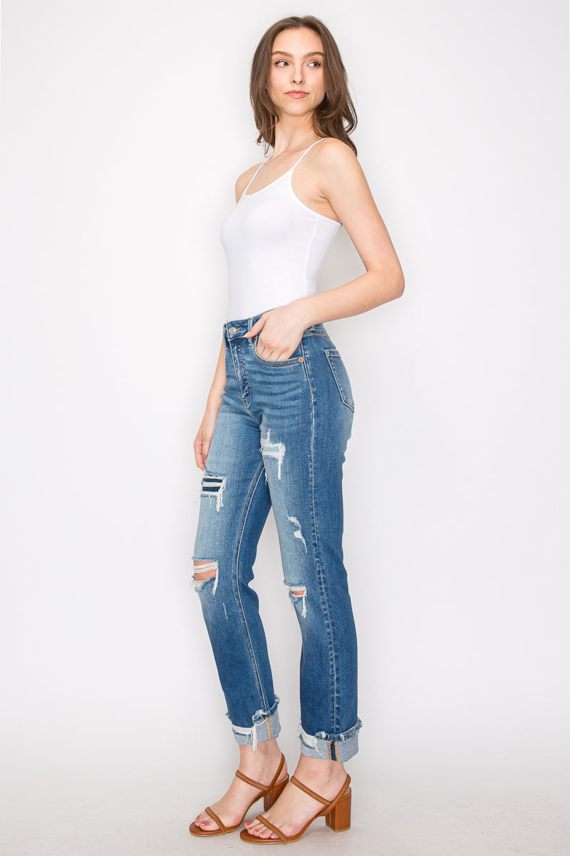 Mesh Tummy Control High Rise Straight With Single Cuff Jeans