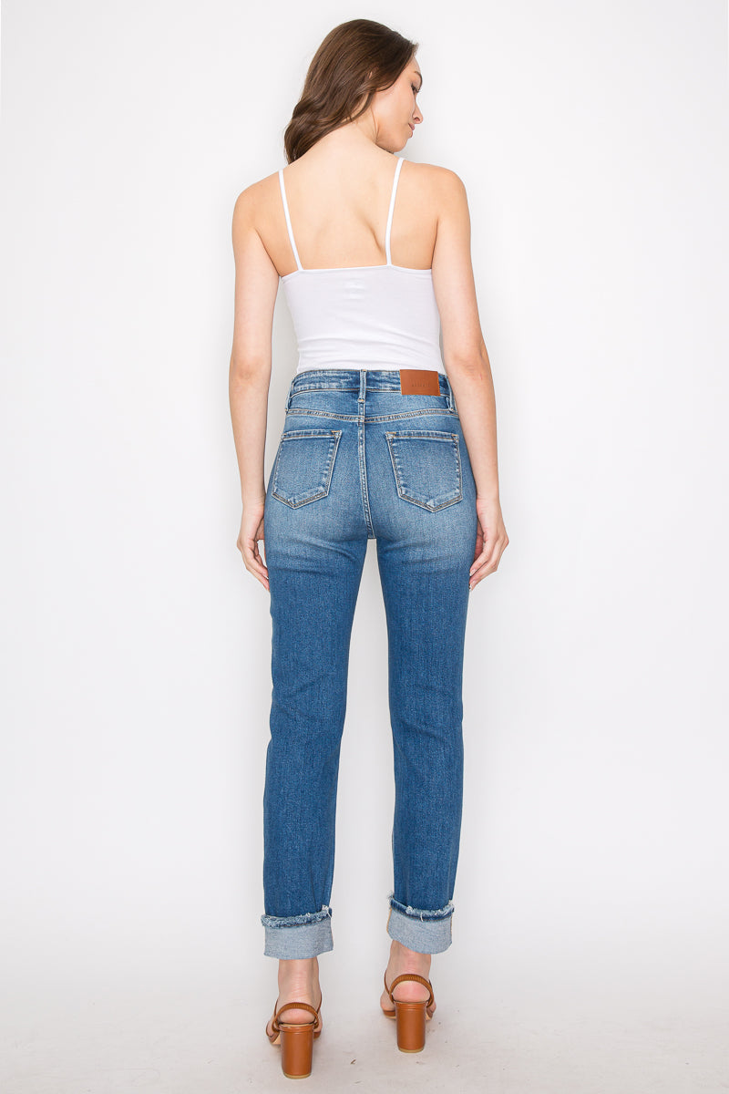 Mesh Tummy Control High Rise Straight With Single Cuff Jeans