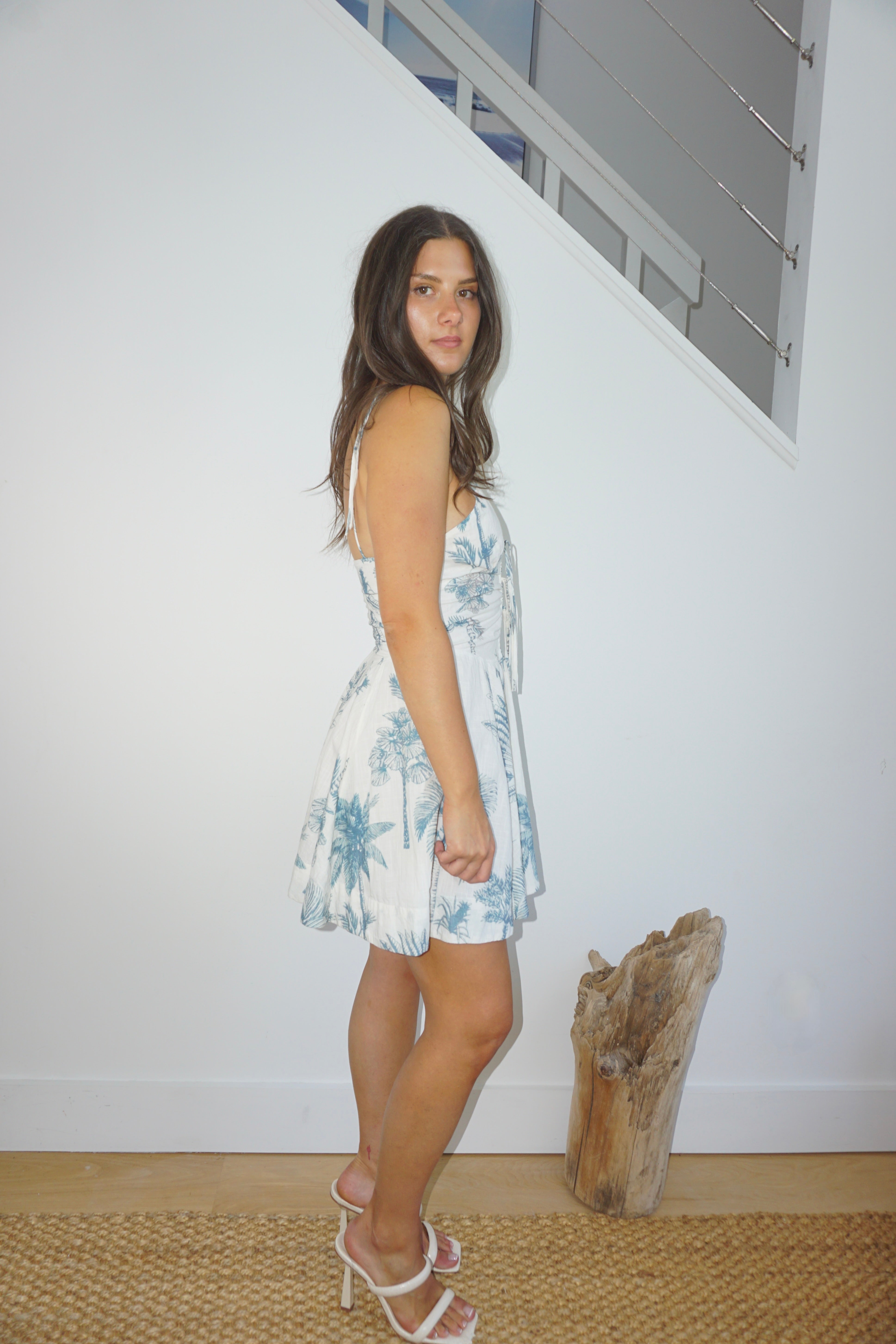 Tara Mini Dress in Faded Teal Palms