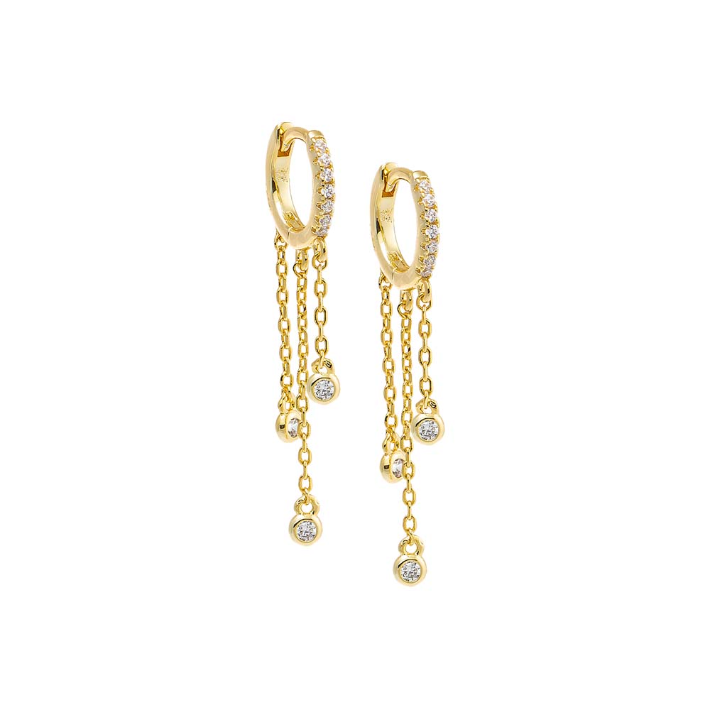 Gold Triple CZ Drop Chain Huggie Earring - Adina's Jewels