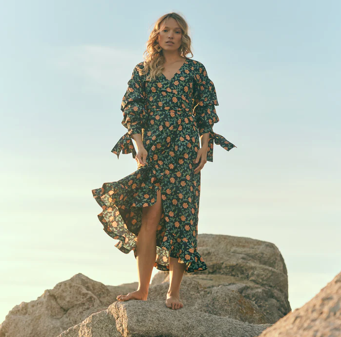 Ellen Ruffled Wrap Dress - Faded Black/Bright Clementine & Moss Floral