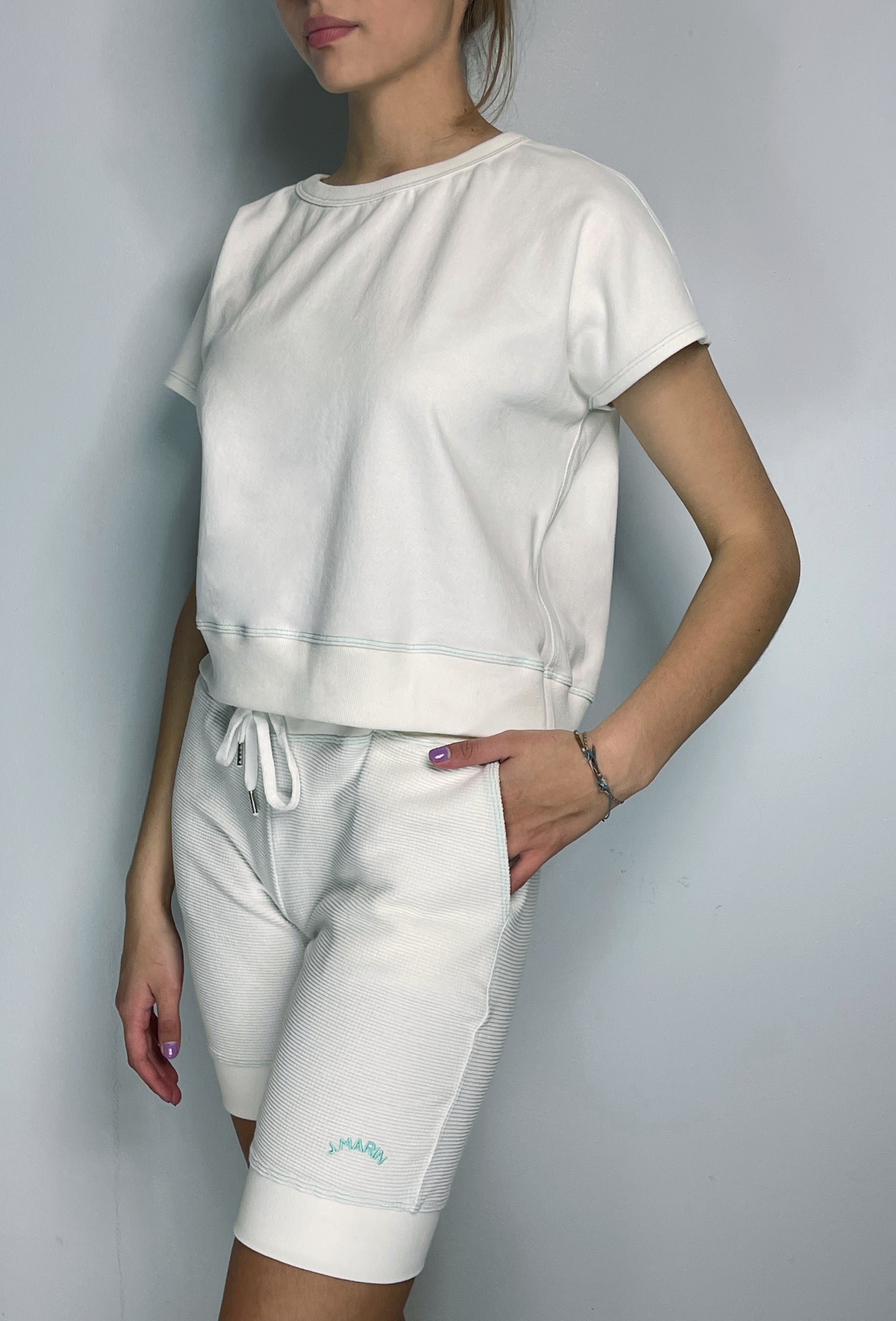 The Knicker Short - Natural/Marine Green Stitch