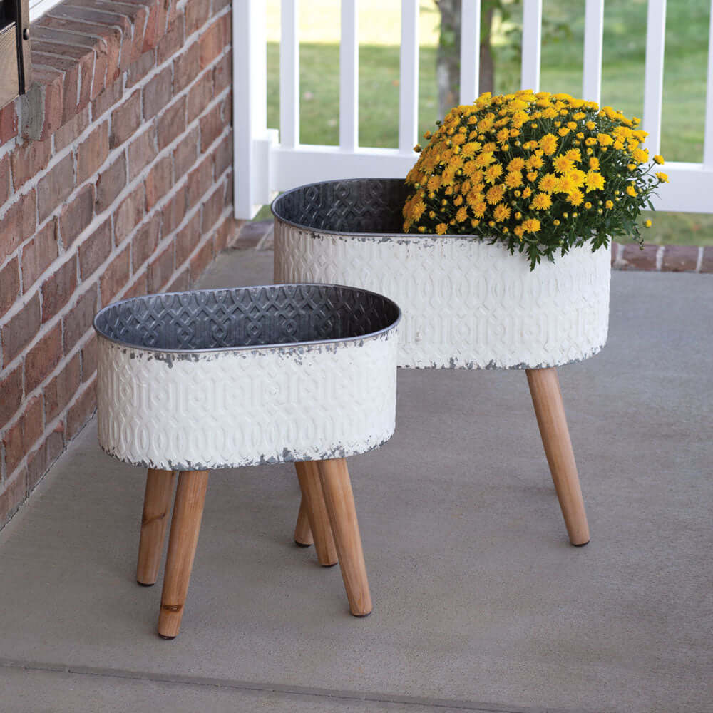 Vintage Embossed Metal Planters with Wood Legs (Set of 2)