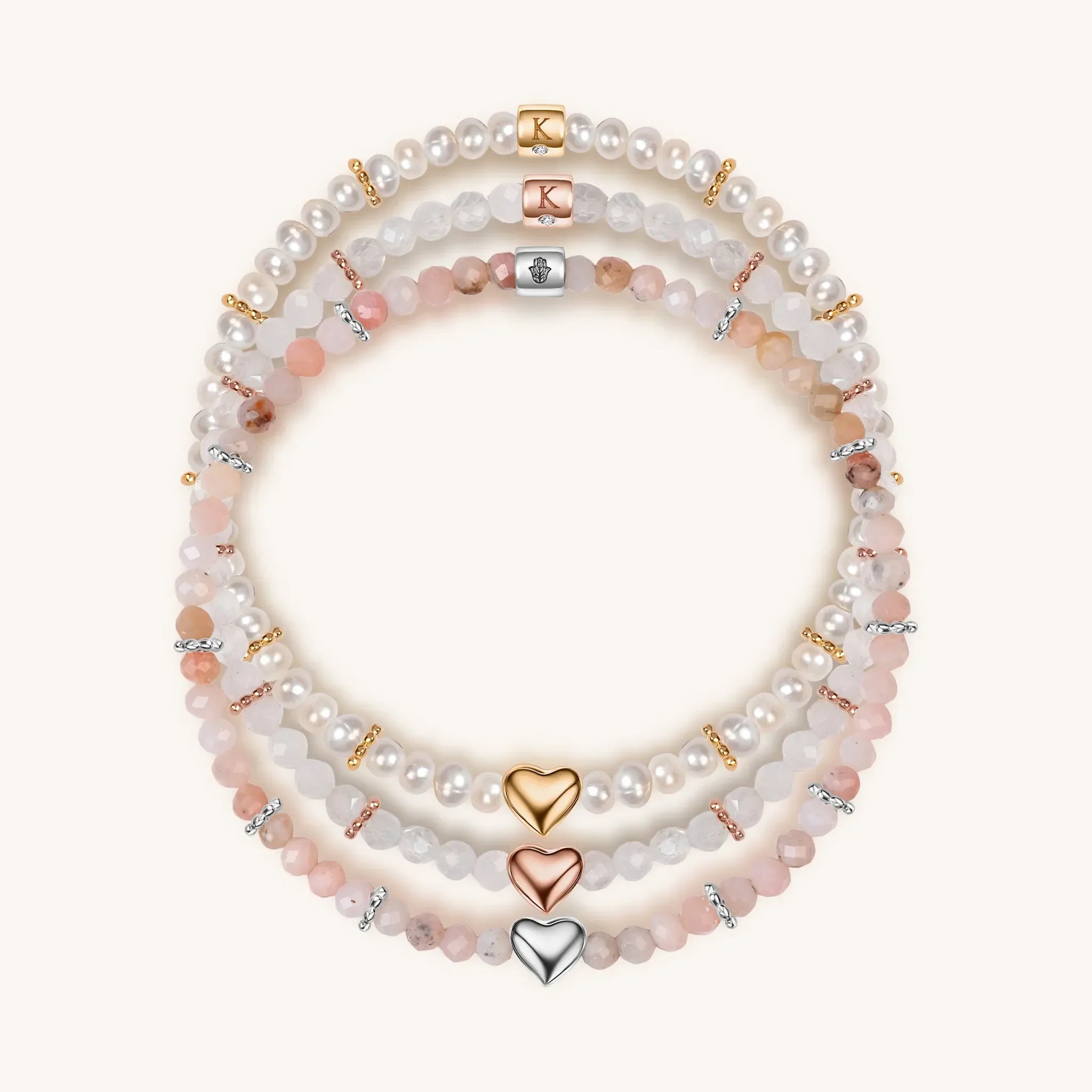 Love Generator - Triple Heart Moonstone Pink Opal Pearl Bracelet Stack