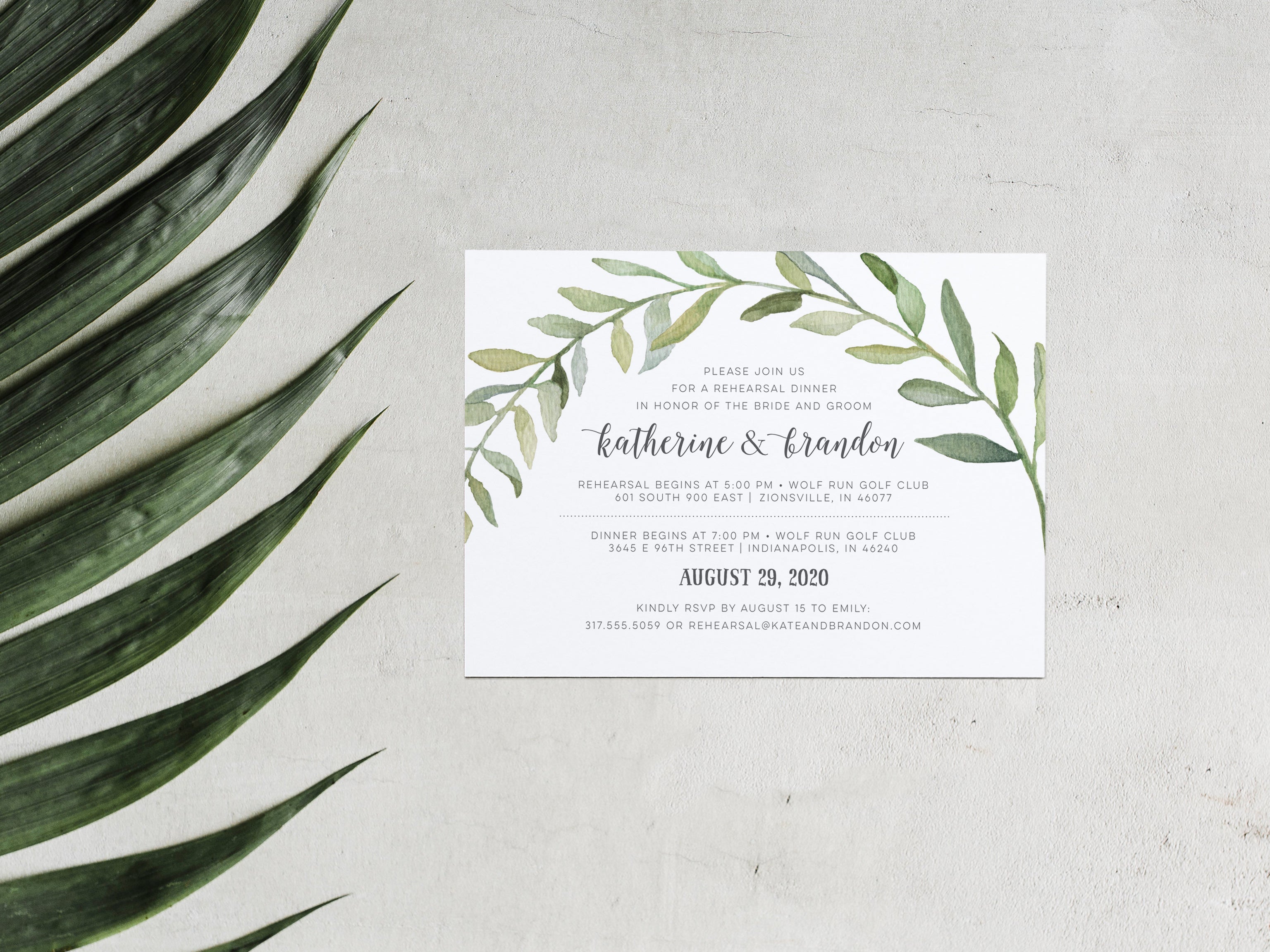 Botanical Watercolor Wreath Rehearsal Dinner Invitation