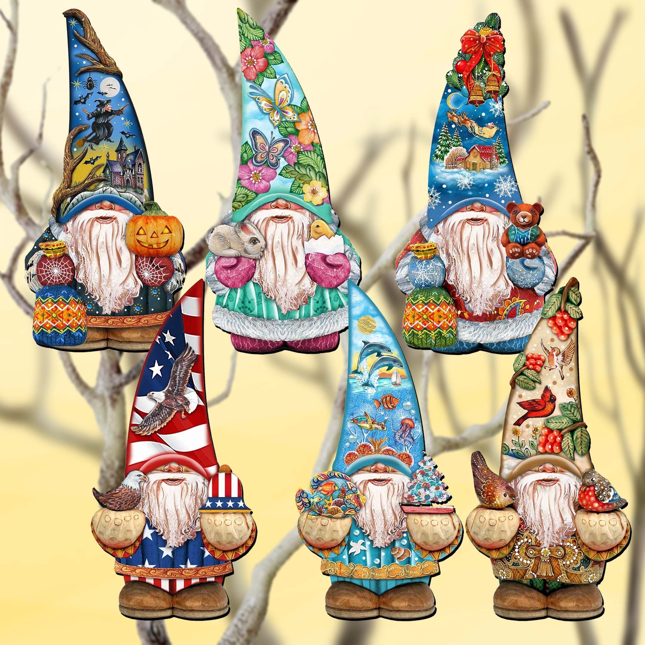 Holiday Gnomes Decorative Wooden Clip-on Ornaments Set of 6 by G. Debrekht  - Christmas Decor - 8090138C-S6