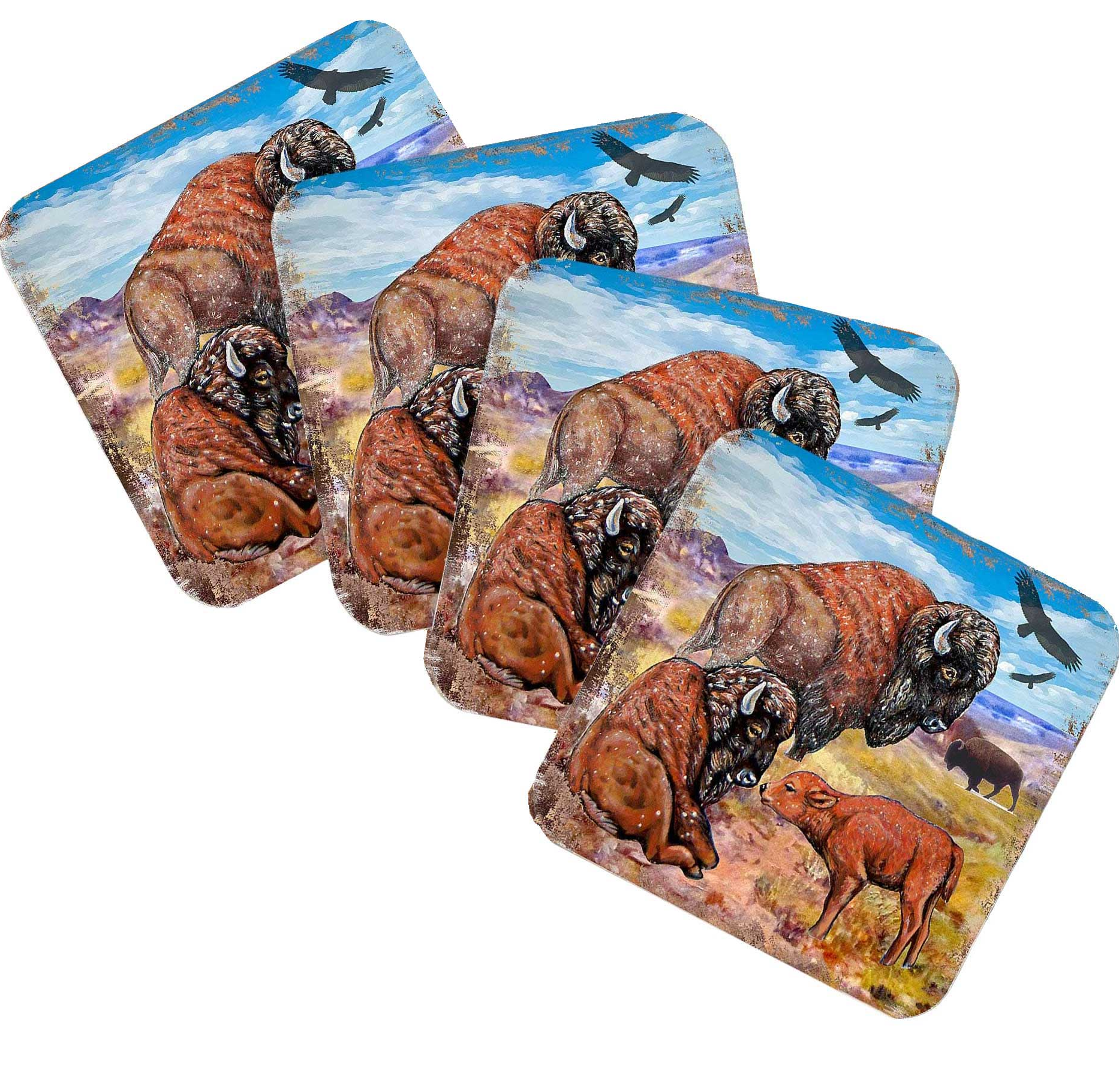 Buffalos Wooden Cork Coasters Gift Set of 4 by Nature Wonders - Nature Wildlife Decor  - 95217C-S4