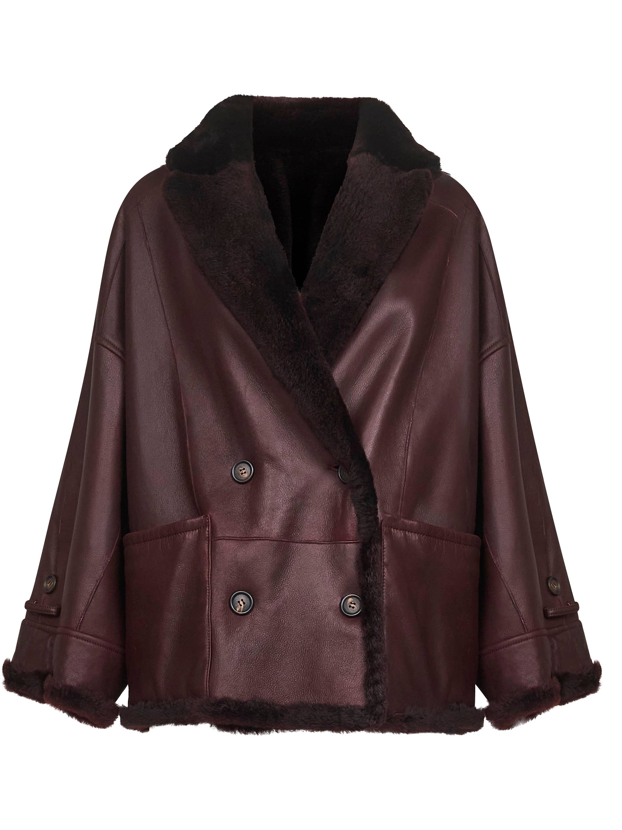 Brunello Cucinelli Women Burgundy Nappa Leather And Fur Reversible Caban