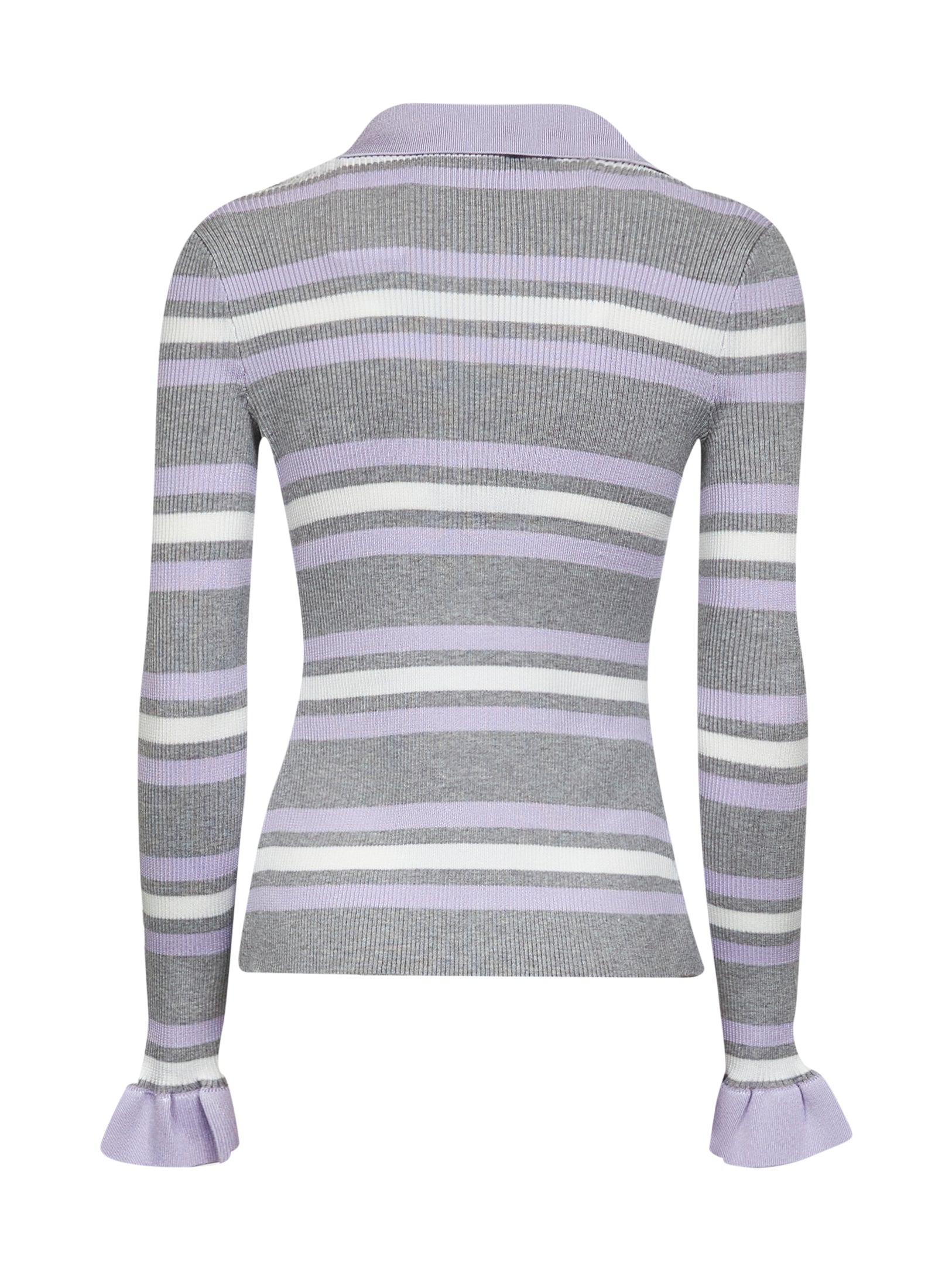 Self Portrait Women Grey Ribbed Knit Striped Cardigan